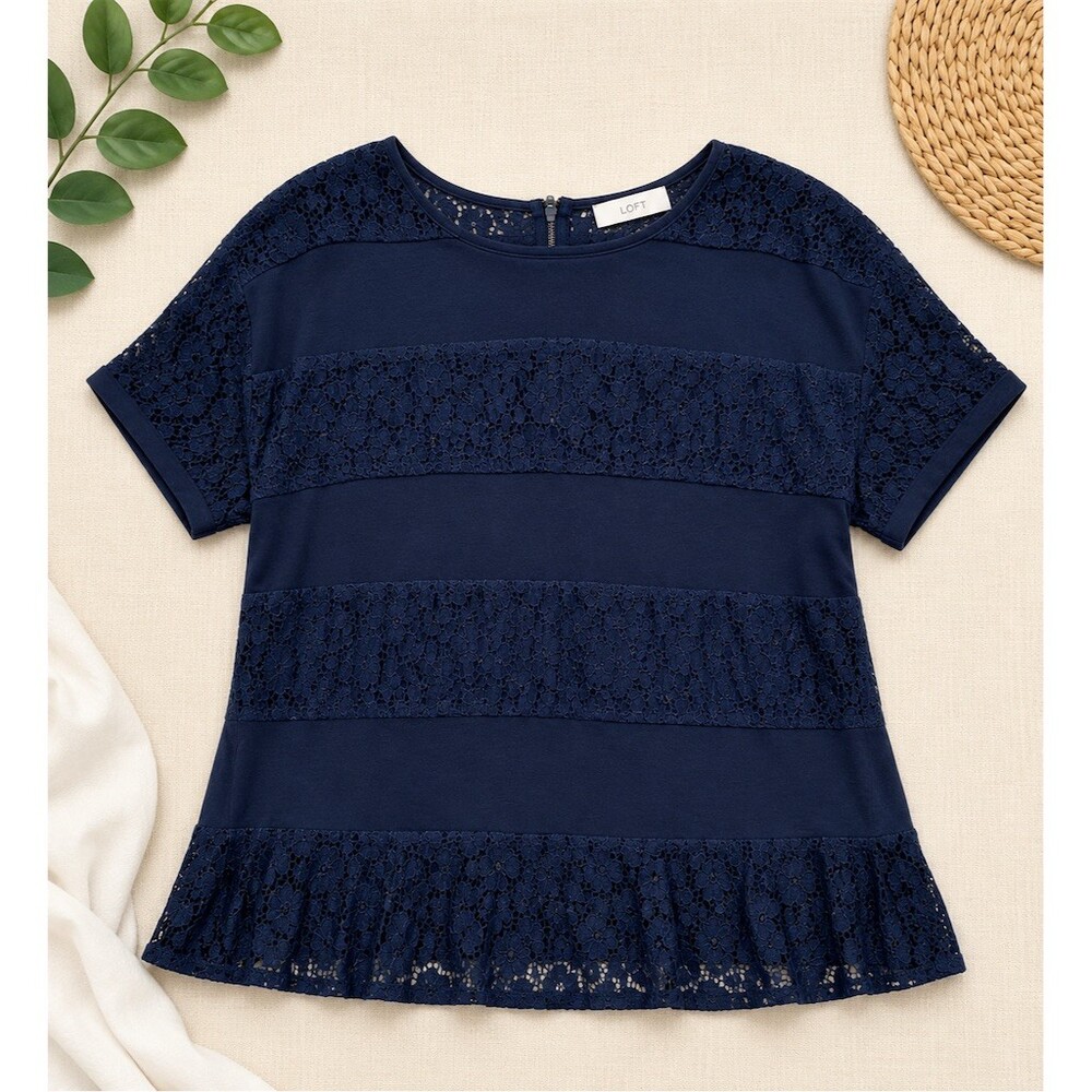 LOFT Blouse Womens Small Navy Blue Lace Panel Short Sleeve Peplum Hem